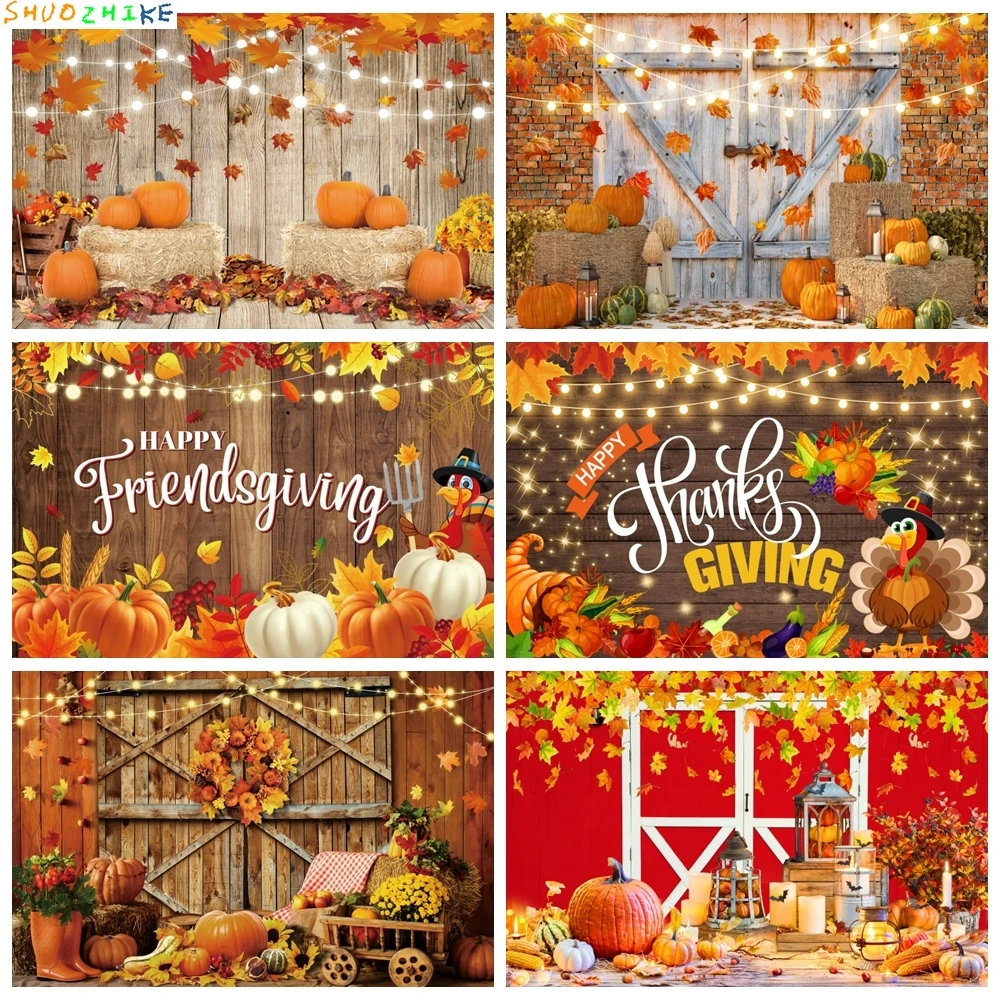 

Autumn Thanksgiving Day Backdrop Fall Pumpkin Harvest Barn Happy Friendsgiving Party Decor Background for Photography Props