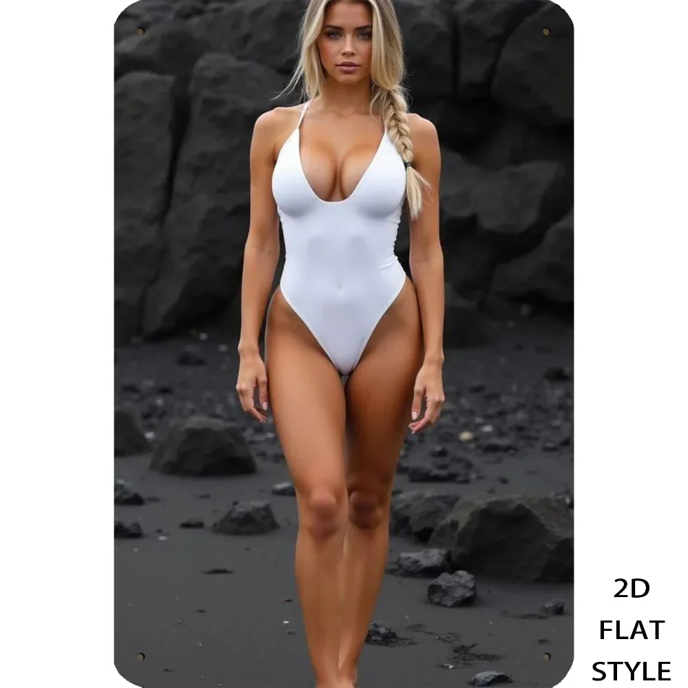 CIFBUY Blonde Woman White One-Piece Swimsuit Black Sand Beach Metal Sign 2D Print Aluminum Poster Summer Fashion Wall Art Home
