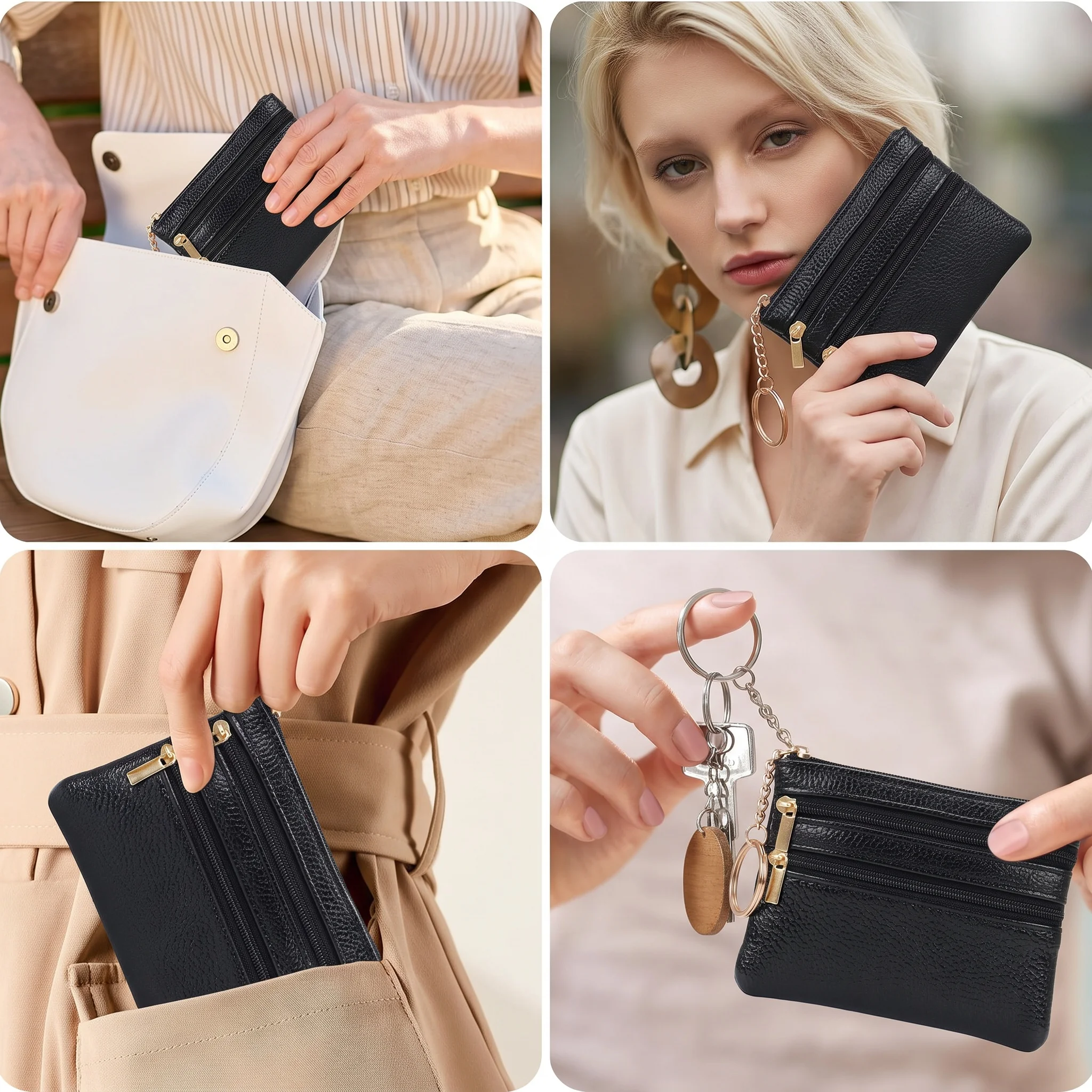 2 Stück PU-Leder Mini-Schlüsseletui mit 3 Reißverschlüssen, Münzbörse mit Schlüsselring, tragbarer Multi-Pocket-Schlüsselhalter für Männer und Frauen, für den täglichen Gebrauch und Reisen. – Detail 7