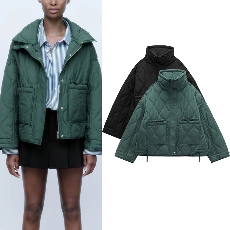 

Осень-зима, свободная длинная куртка с воротником-стойкой, украшенная хлопковая куртка небольшого размера, верхняя одежда с ромбовидным узором, пальто