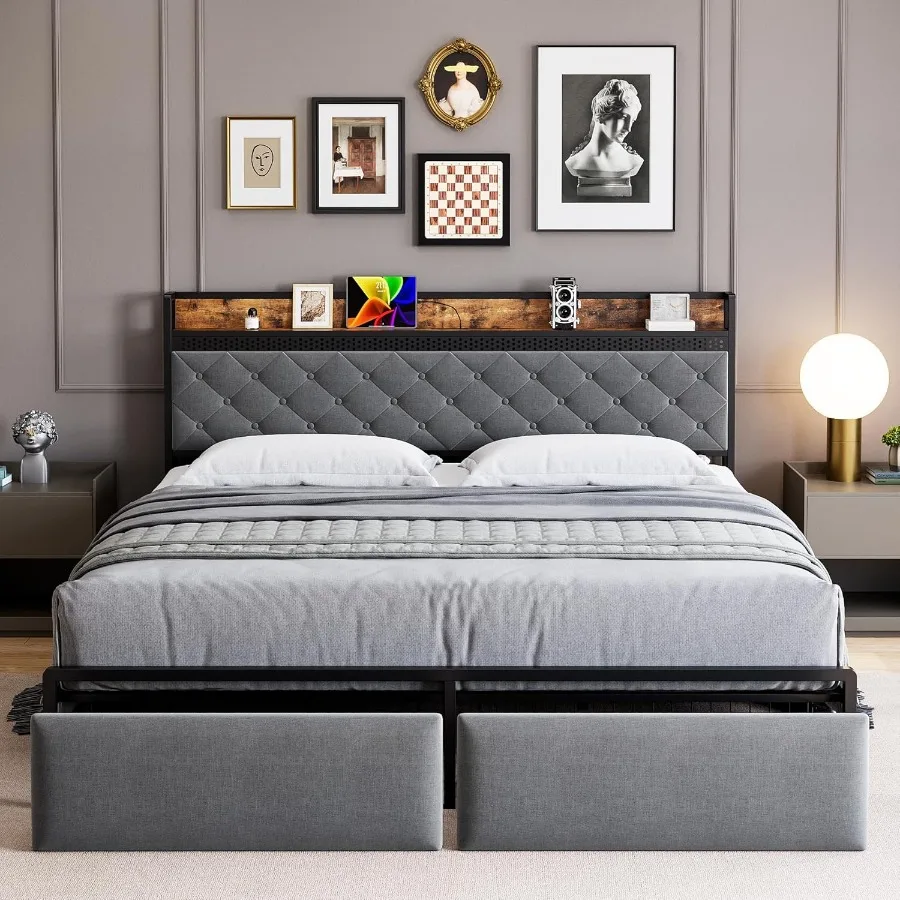 Queen Bed Frame with Headboard and 2 Drawers Metal Platform with USB Ports and Outlets Led Lighting NoiseFree Design No Box Spr