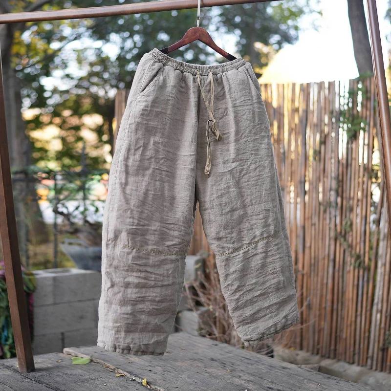 Pantalones de algodón de lino tejido de tela Natural para mujer, pantalones cálidos de cintura alta gruesos de invierno, Pantalones rectos con cordón de pierna ancha