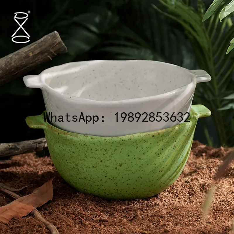 b153Mountain natural style ceramic double ear soup bowl, noodles bowl, green White Marble color, home deep bowl, soup and stew