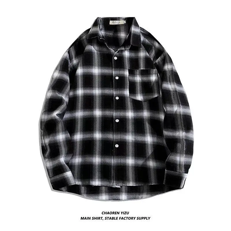 Vintage Plaid Shirts Oversize Basics Long Sleeve Turn-down Collar Pocket Loose Single Breasted Casual Thin Coat