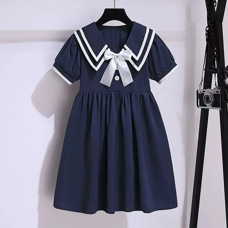 

Summer Dresses for Kids Costume Preppy Style Teenager Children Clothes Vestidos Dresses Girls Short Sleeve Sailor Collar Dress