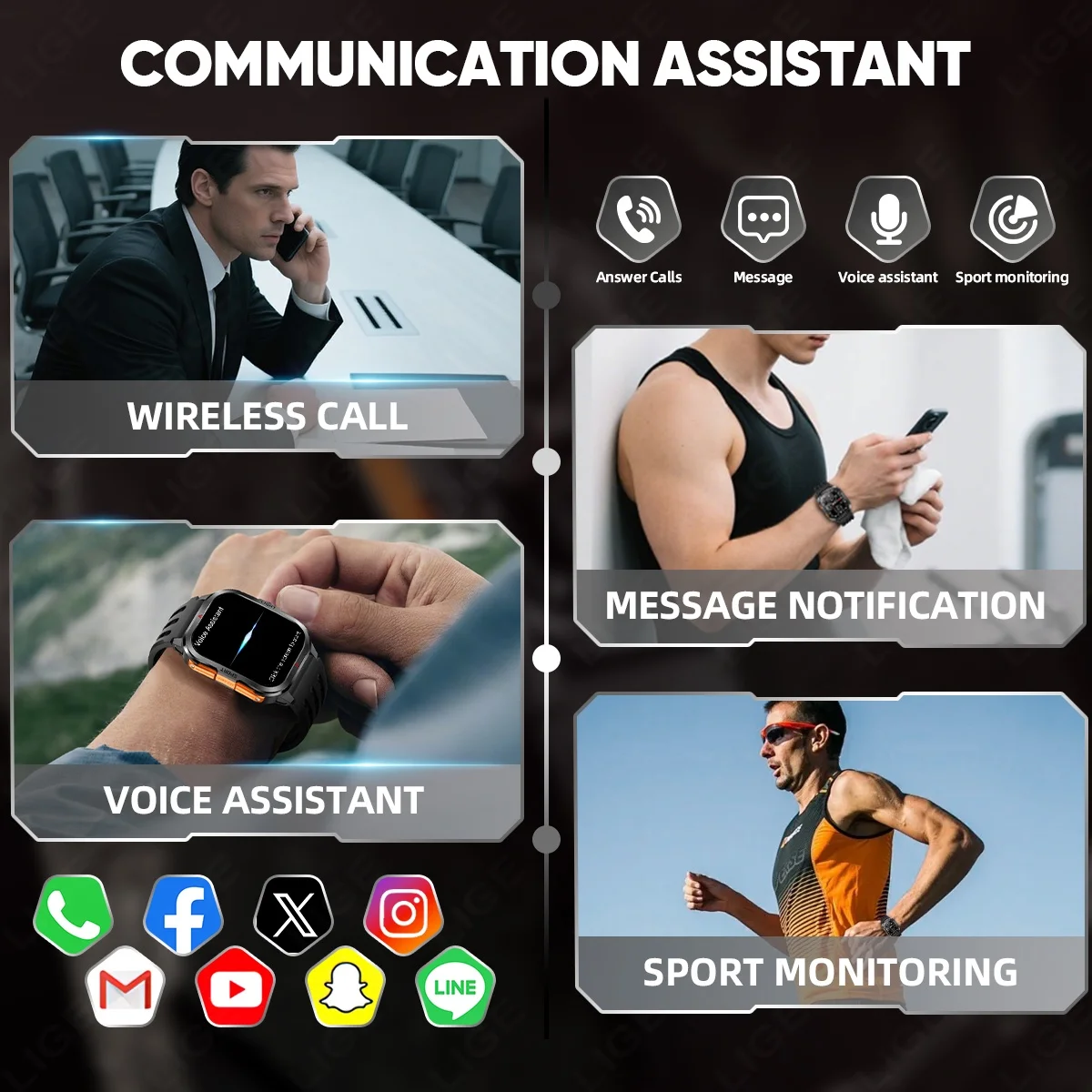 LIGE Fashion Military Smart Watch Men Flashlight 3ATM مقاوم للماء في الهواء الطلق الرياضة المقتفي معدل ضربات القلب بلوتوث دعوة الرجال Smartwatch