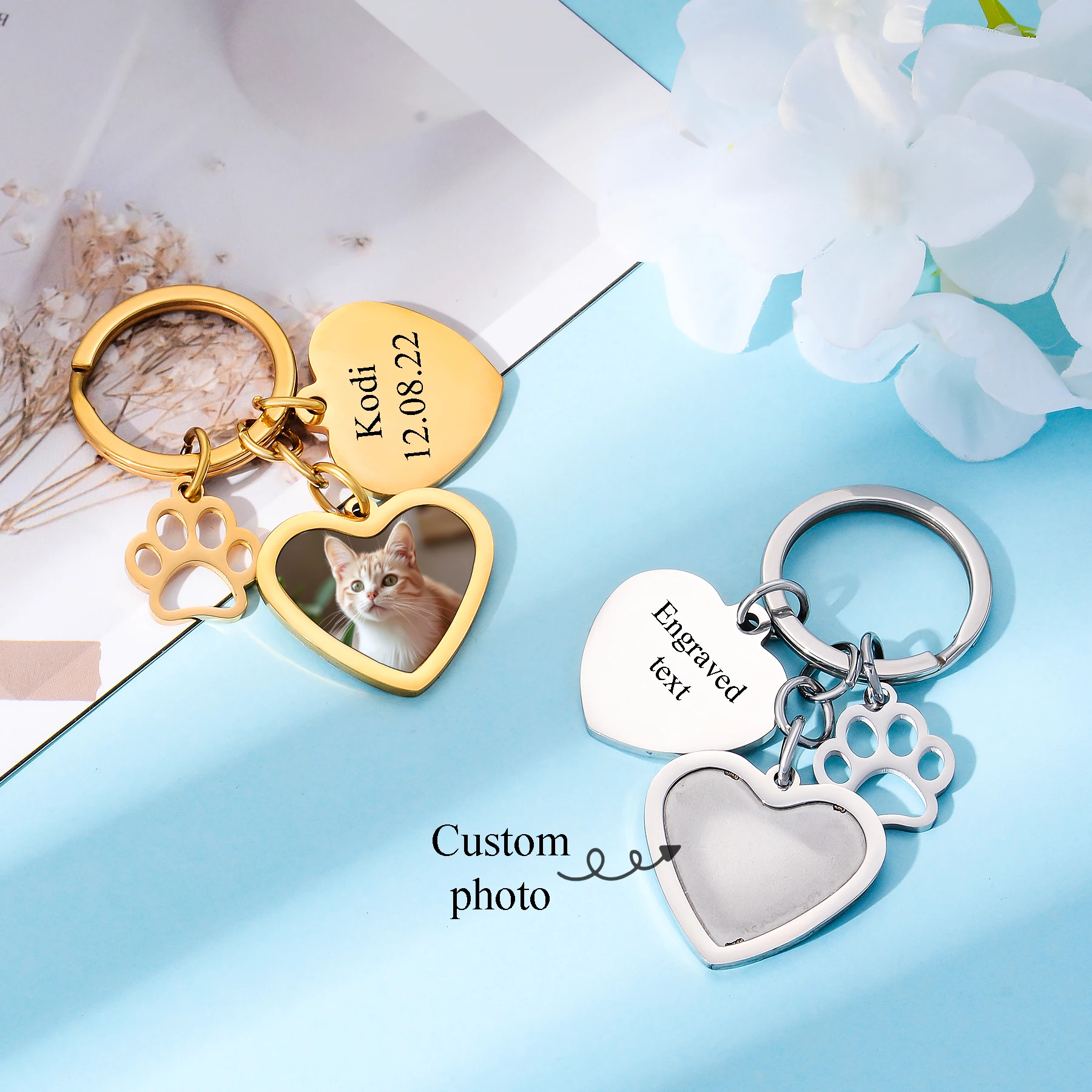 

Personalized Custom Pet Cat Dog Photo for Heart Round Keychain With Paw Print Charm for Animal Lover Keepsake Jewelry Gifts