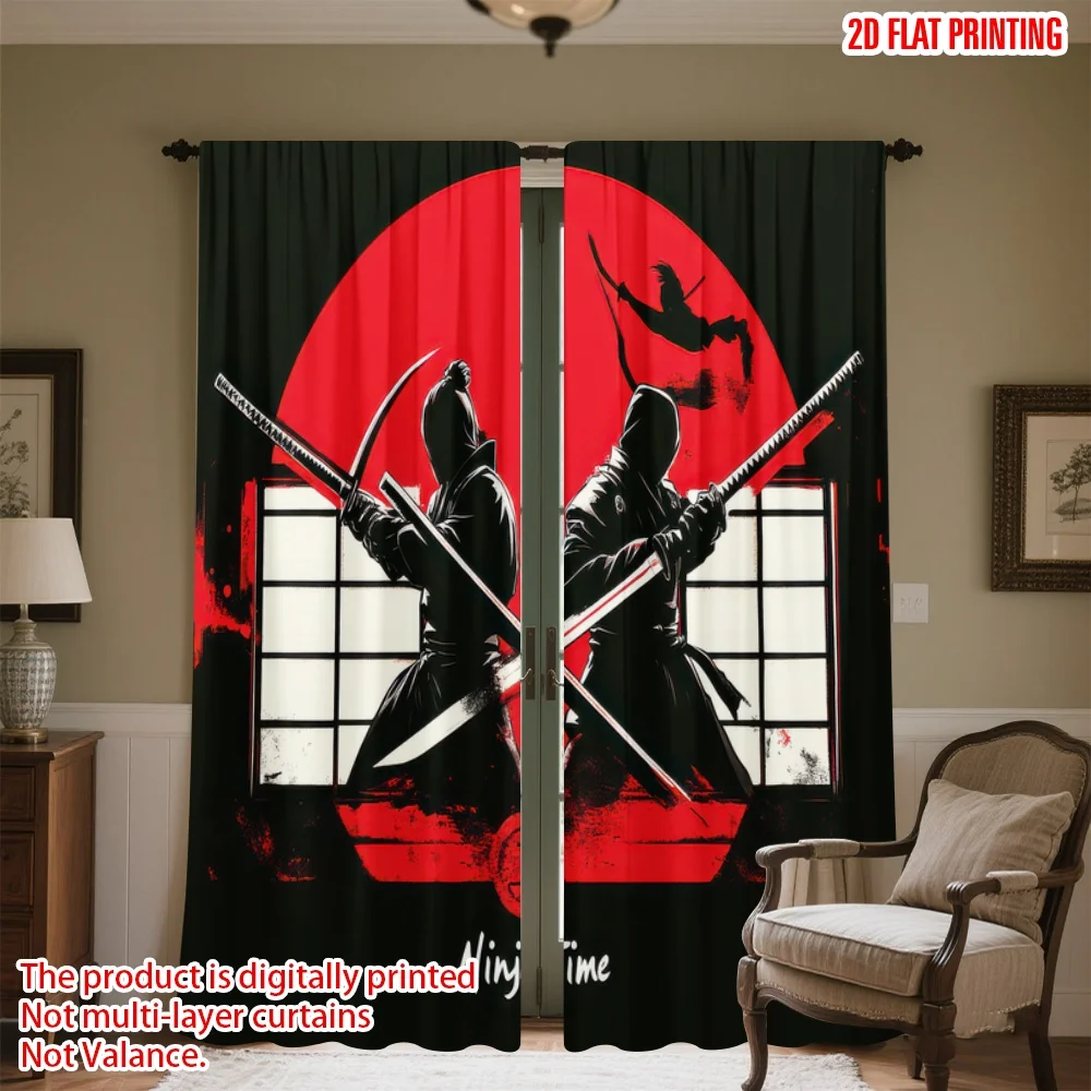 

2D flat printing 2pcs Party Curtain Two Ninjas with Swords Digital Printed Polyester Drapes Family Party Decoration Use for