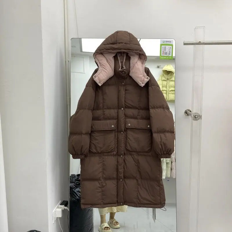 2025 겨울 신상 여성 다운 재킷 통근용 스플라이싱 후드 루즈핏 다운 재킷