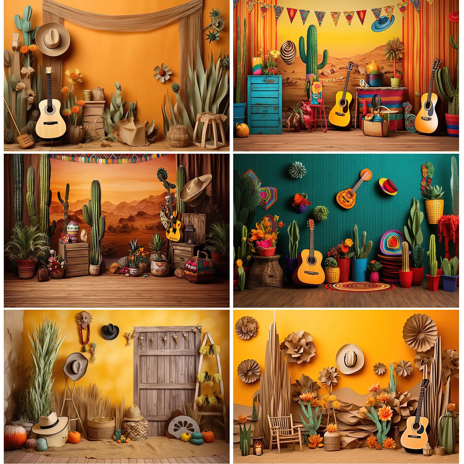 Mexican Western Desert Saguaro Cactus Photography Backdrop Guitar Birthday Party Decor Background Kids Portrait Photozone