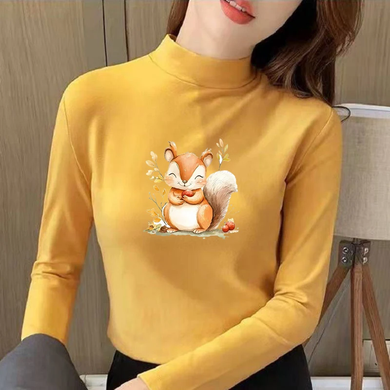 Winter Women's Thermal Brushed Fleece Half Mock Neck Long Sleeve T Shirt Squirrel Acorn Autumn Graphic Warm Tee