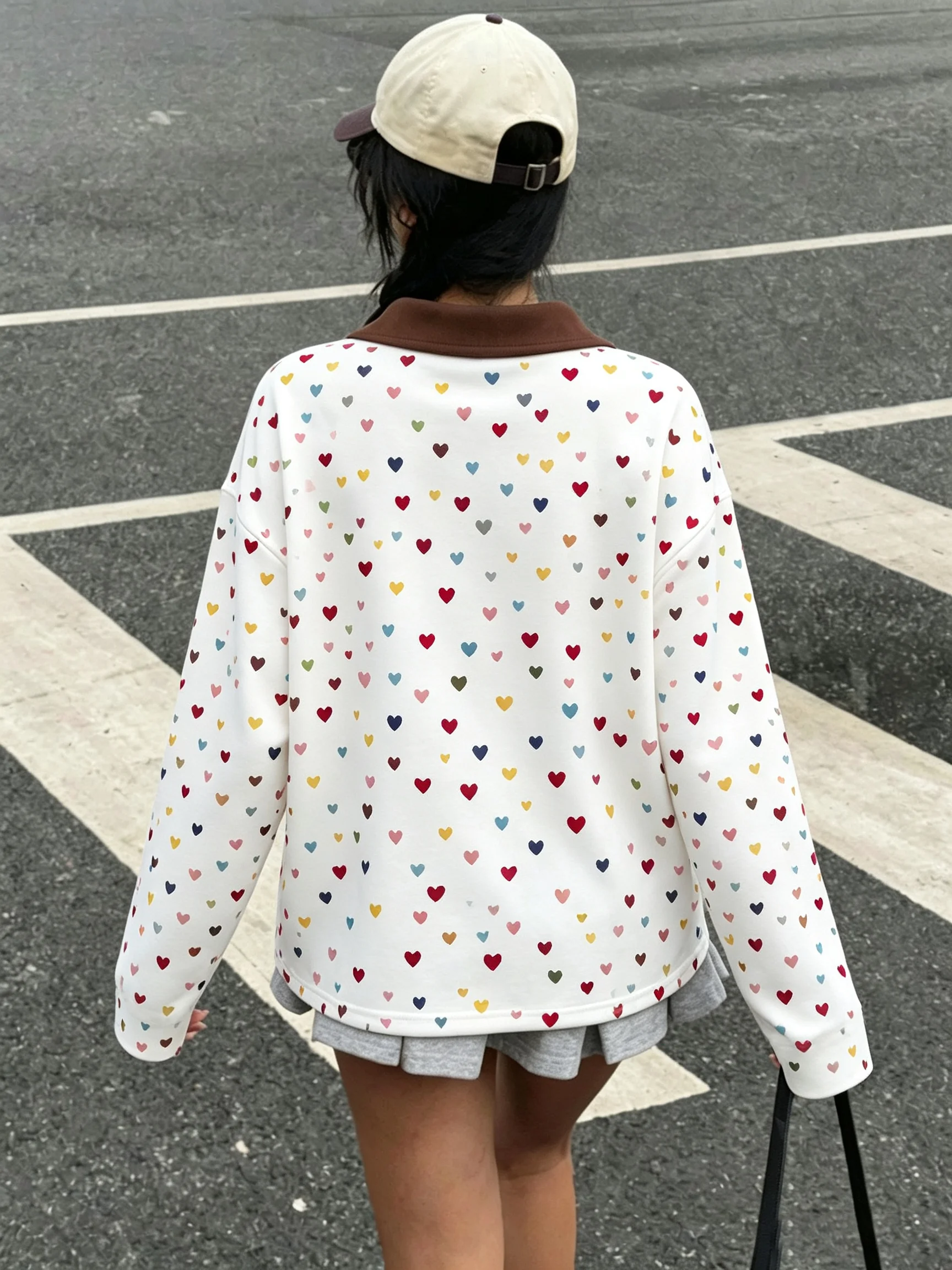Women's Autumn Casual Lapel Button Color Block Geometric Pattern Long Sleeve Hoodie Top for Daily Travel
