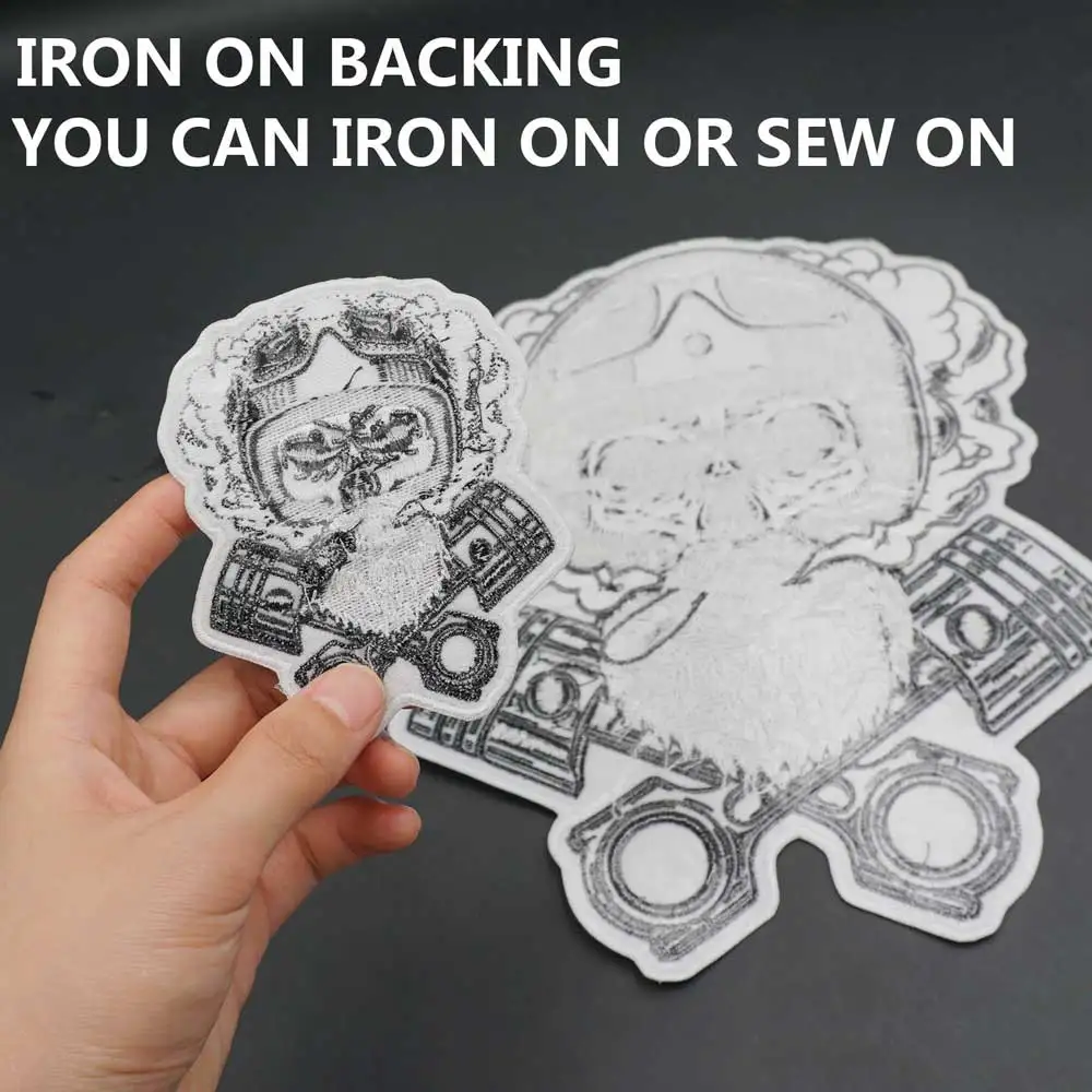 Motorcyclist Skull Embroidered Patches Iron on Backing Sewing Label Punk Biker Large Badge Clothes Apparel Accessories