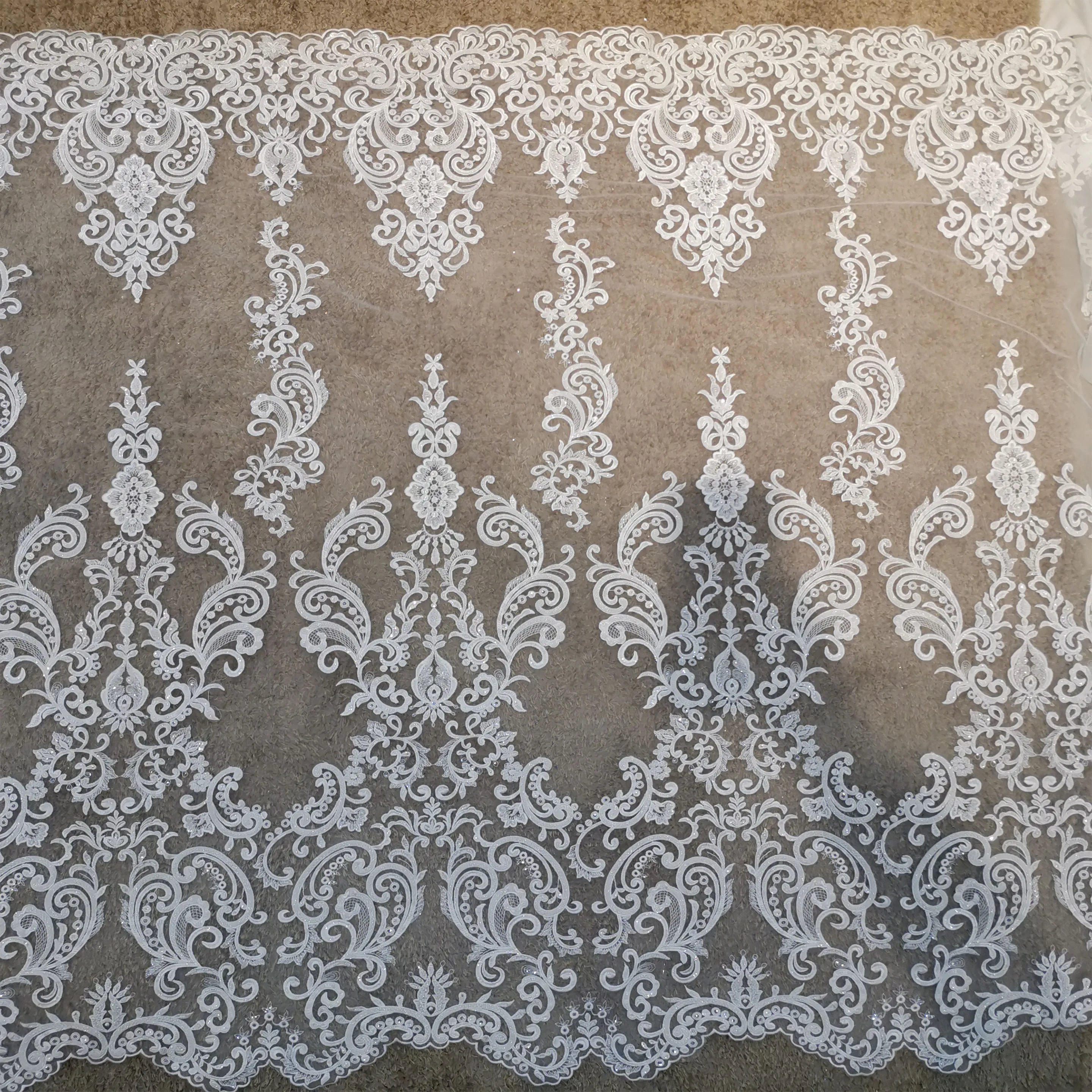 White DIY Craft Supplies Material Heavy Hand-Beaded Lace Fabric with Center Motif Intricate All-Over Embroidery for Bridal Gown
