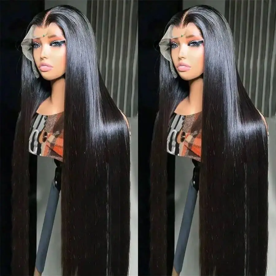 

200% 40-дюймовые прозрачные кружевные прямые 13X4 человеческие парики на шнуровке натурального черного цвета, предварительно выщипанные натуральные волосы, длинные прямые