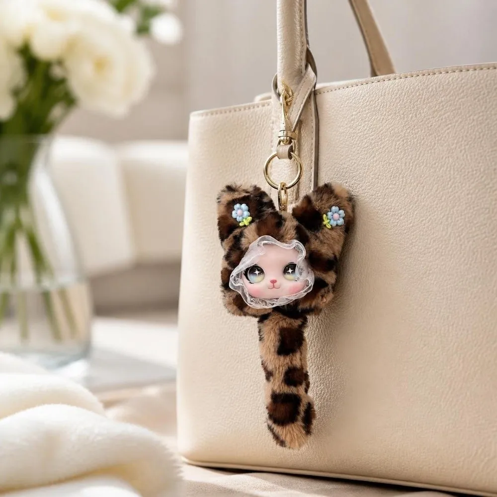 Cartoon Long Tail Plush Cat Keychain Leopard Print Hanging Decoration Furry Cat Pendant Kawaii Ornaments Cat Plush Gift