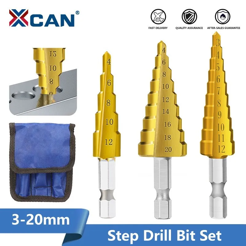 XCAN 3pcs 3-12mm 4-12mm 4-20mm HSS Dritto Groove Step Punta del trapano set di Titanio Rivestito In Metallo In Legno Hole Cutter Core Punta del trapano Set