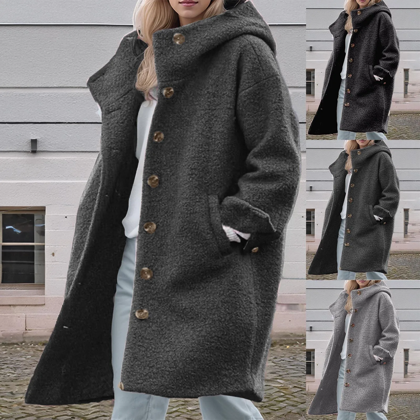 Womens Long Sleeve Casual Wool Blend Jacket Loose Fitting Warm Winter Outwear Fashion Lapel Single Breasted Mid-Long Coats