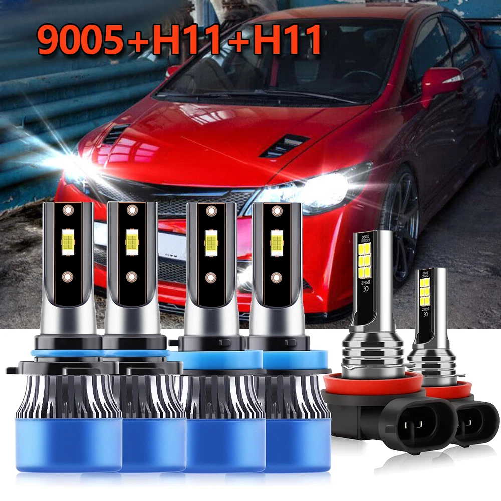 6x Front LED Headlight High Low 9005 H11 Fog Light Bulbs Combo Beam Kit Replacement For Honda Civic 2016 2017 2018 2019 2020