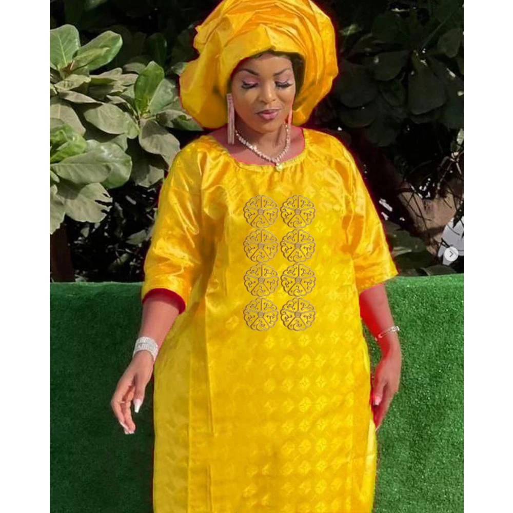 African Women Bazin Robe Mix Size Yellow Embroidery Basin Riche Dashiki Robe For Nigerian Ankara Bride Wedding Dress Clothing