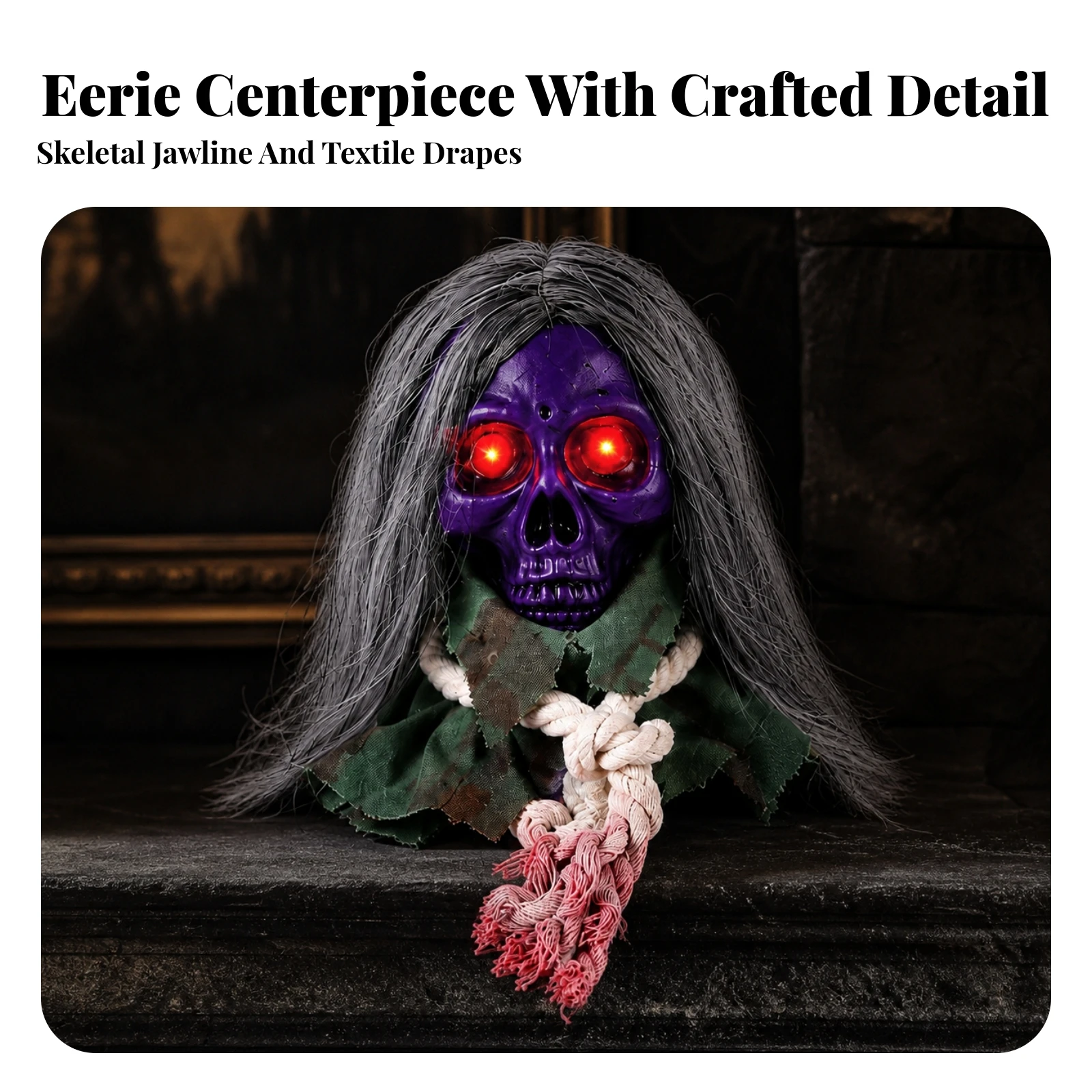 Skull Head with Glowing Eyes Spooky Halloween Skull Decoration Reusable Motion-Activated for Haunted House, Porch