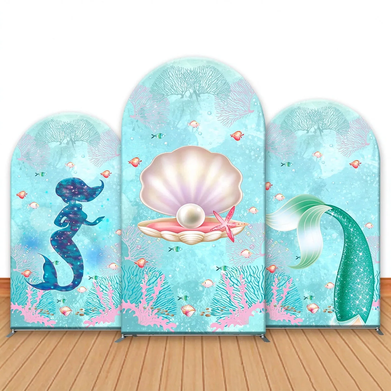 Custom Double-Sided Mermaid Baby Shower Arch Backdrop Cover Seashell Fishtail Diy Name Age Birthday Party Photography Background