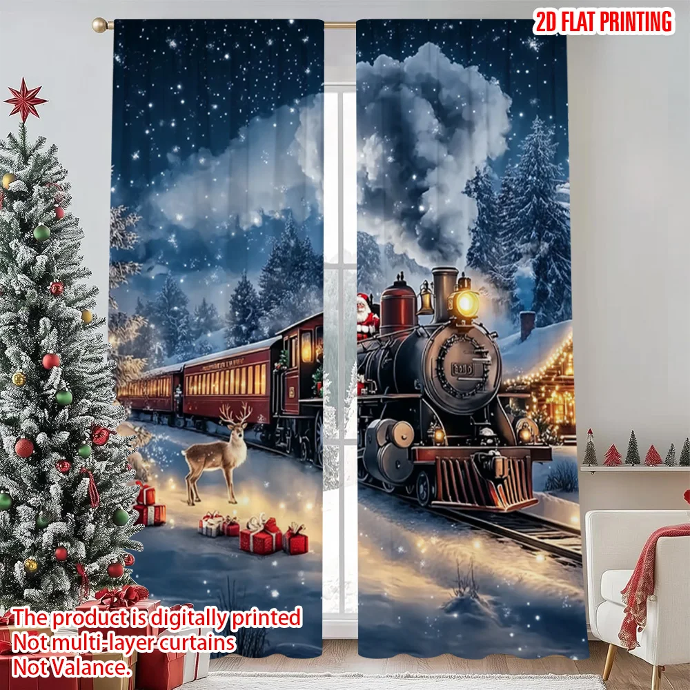 

2pcs 2D flat printing Christmas Curtains Christmas Train1 Machine Washable Polyester Without Electricity Festive Holiday Perfect