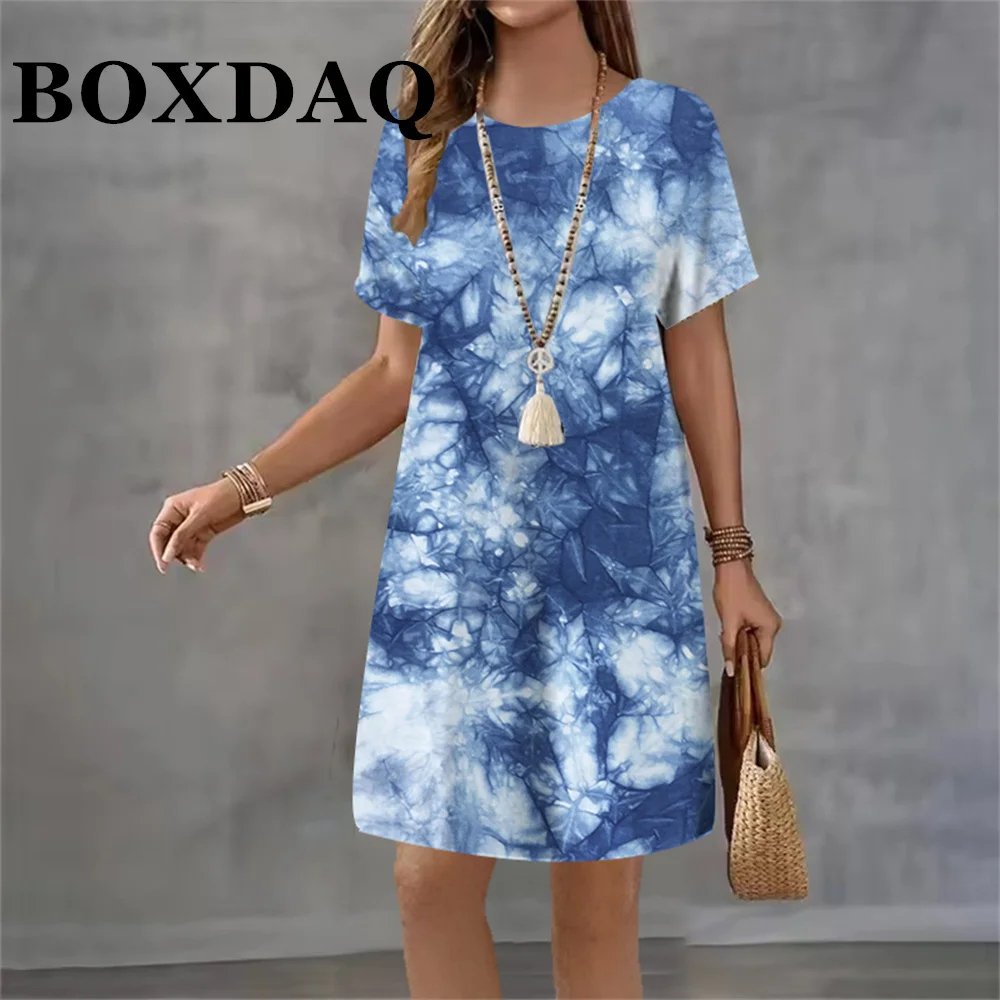 Vintage 3D Tie Dye Striped Print Women Dress 2026 Summer Elegant Casual Short Sleeve Mini Dress Street Loose Women A-Line Dress