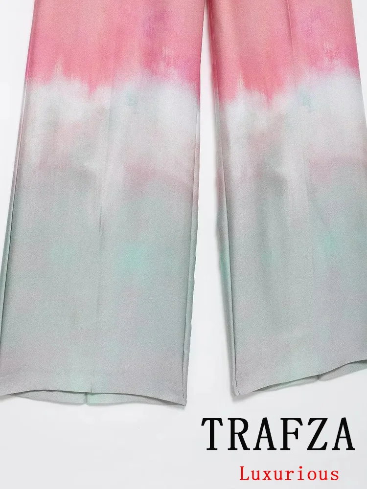 TRAFZA Vintage Casual Chic Women Suit Tie Dye Single Breasted Long Sleeve Shirt Loose Long Pants Fashion 2024 Summer Sets