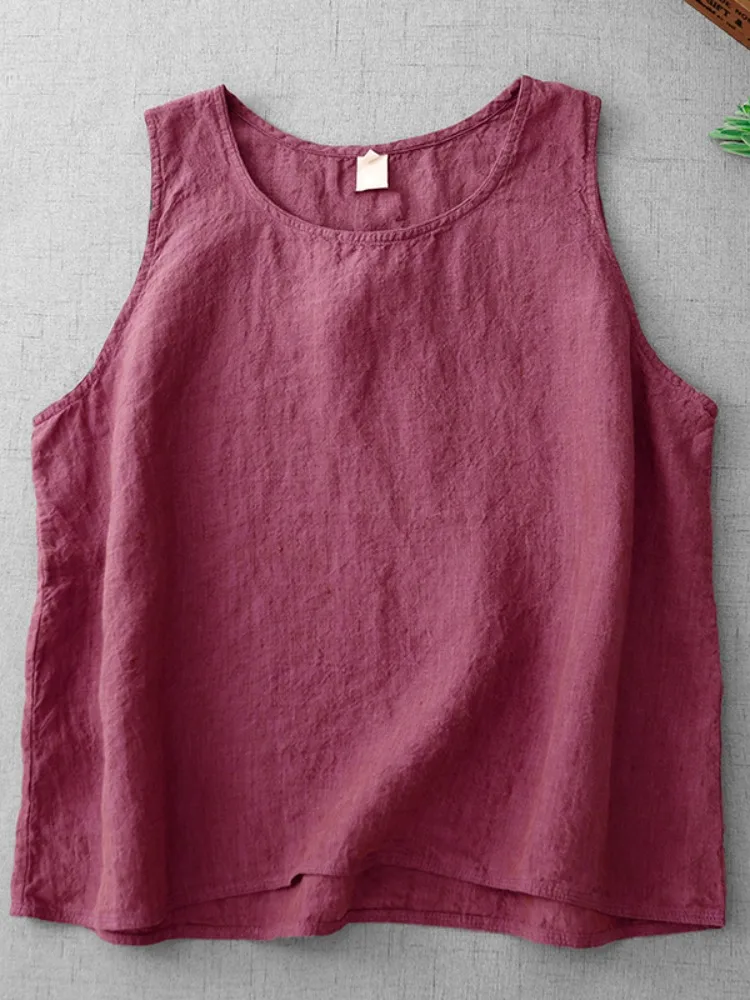 سترة نسائية خفيفة الوزن من القطن والكتان بلون واحد، قميص صيفي رقيق بياقة مستديرة