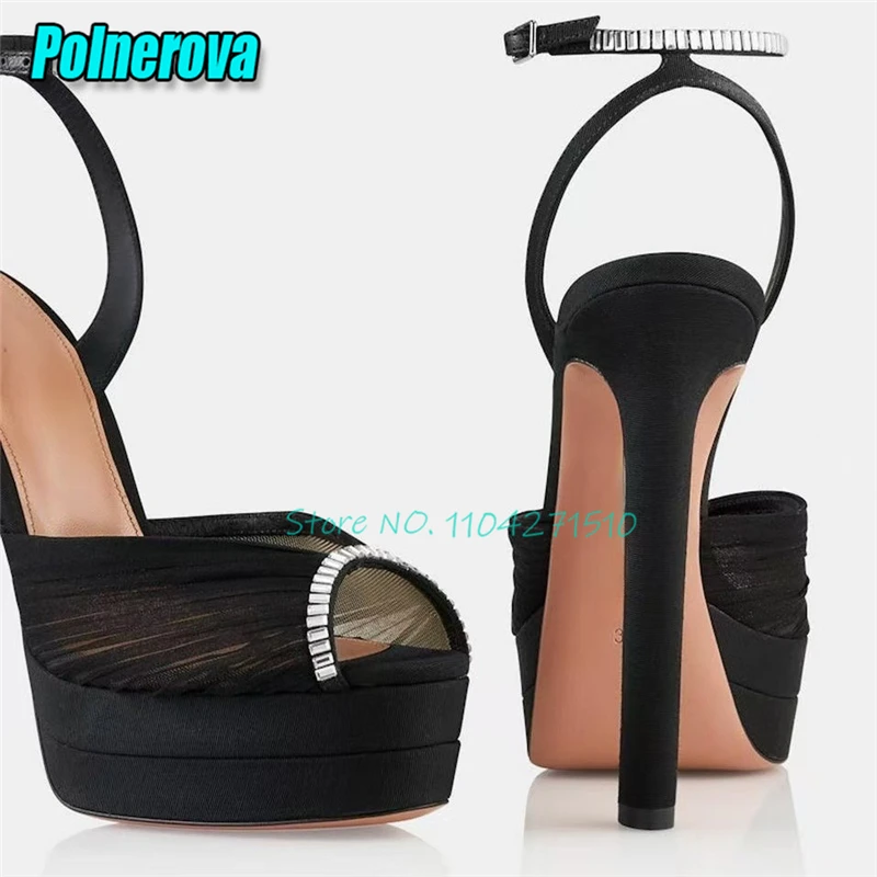 Black White Lace Rhinestone Strap High Heels Fairy Bride Wedding Shoes Elegant Peep Toe Platform Sandals Party Dress Shoes