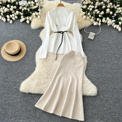 Women Two-Piece Sets Sexy Knit Long Sleeve Turn-down Collar Bandage Top and Basics Skirt Korean Casual Autumn Winter Clothing