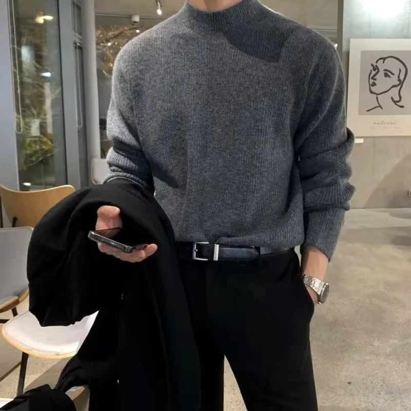 Autumn and Winter Semi-turtleneck Sweater for Men, Korean Style Trendy Pure Color Knitted Sweater for Base Layering and Cardigan