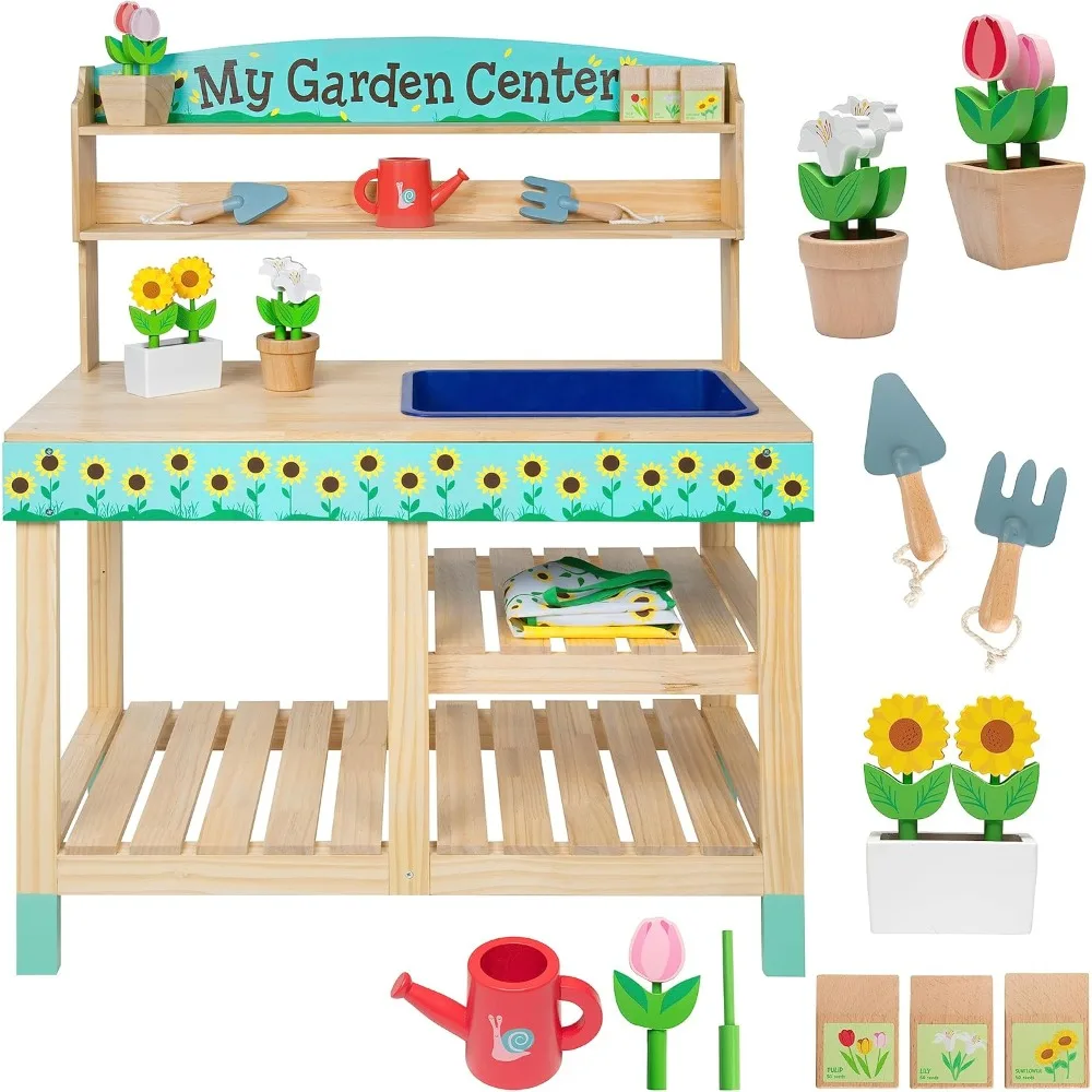 Wooden Toy Gardening Center Indoor Playset - 22 Pc Garden Stand Set w Flowers Seed Packets Pots Shovel Rake Apron Watering Pot