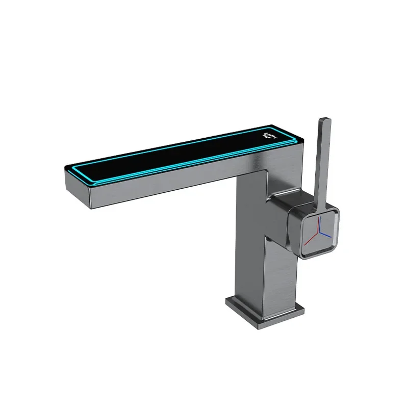 

Bathroom Sink Mixer Gray Cold And Hot Water Mixer Sink Tap Digital Display Square Single Handle Deck Mounted Tap