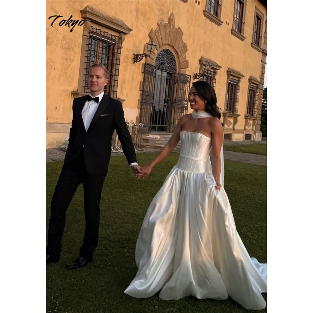 Tóquio personalizado branco a linha vestidos de casamento sem alças sem mangas cetim vestidos de noiva 2025 tribunal trem vestidos de casamento elegantes