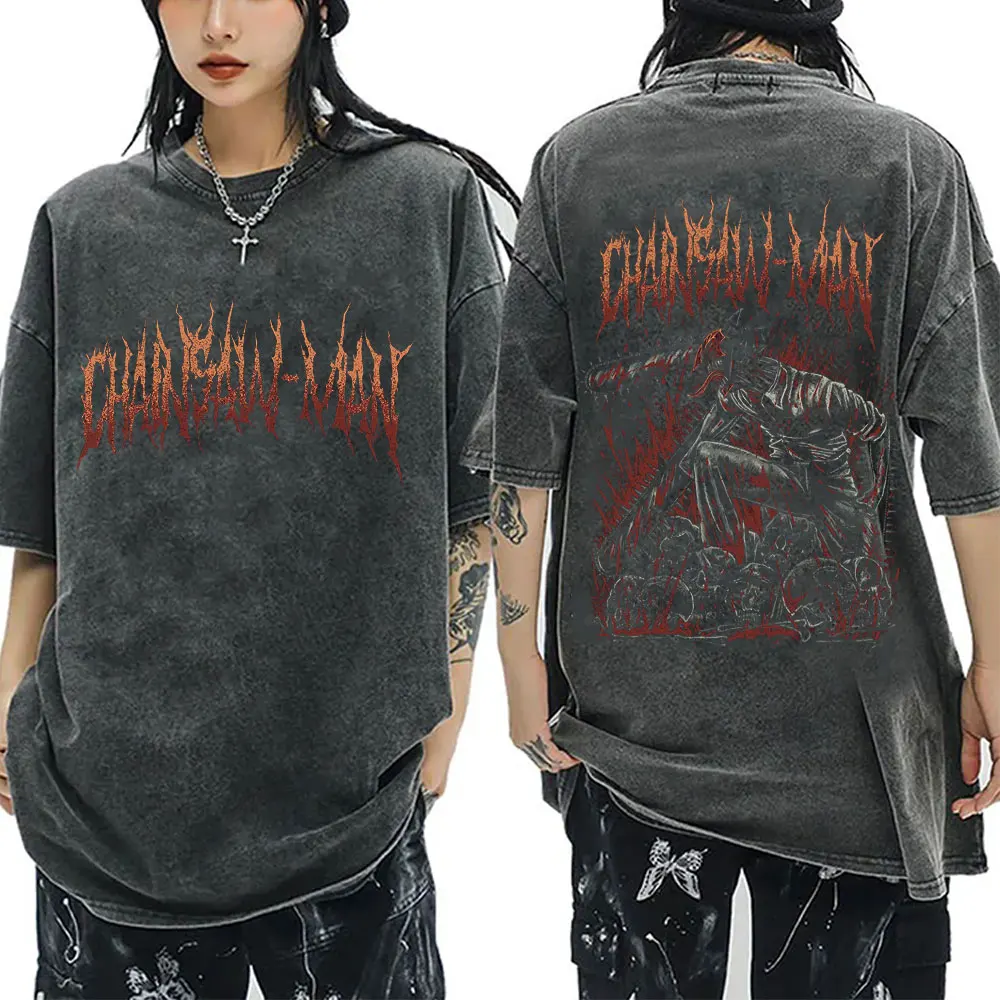 

Washed Vintage Anime Chainsaw Man Pochita and Denji Fusion Graphic T Shirt Men Women Clothing Manga Fashion Casual T-shirts Tops