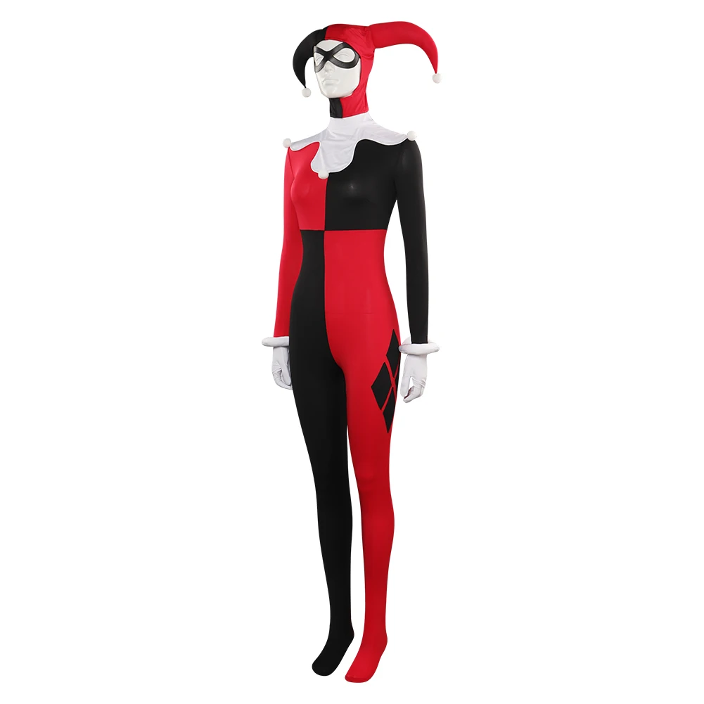 Female Quinzel Cosplay Jumpsuit Mask Costume Outfits For Adult Women Girls Halloween Carnival Suit Role Play Disguise Bodysuit