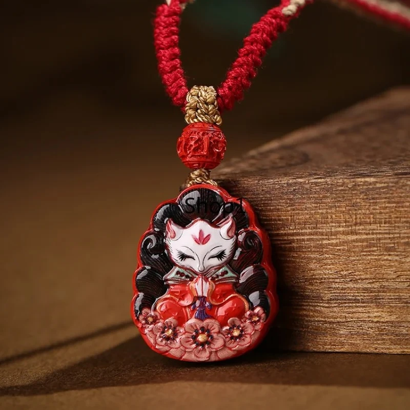

Red Cinnabar Nine-tailed Fox Painted Thangka Pendant Natal Year Belongs To Dragon