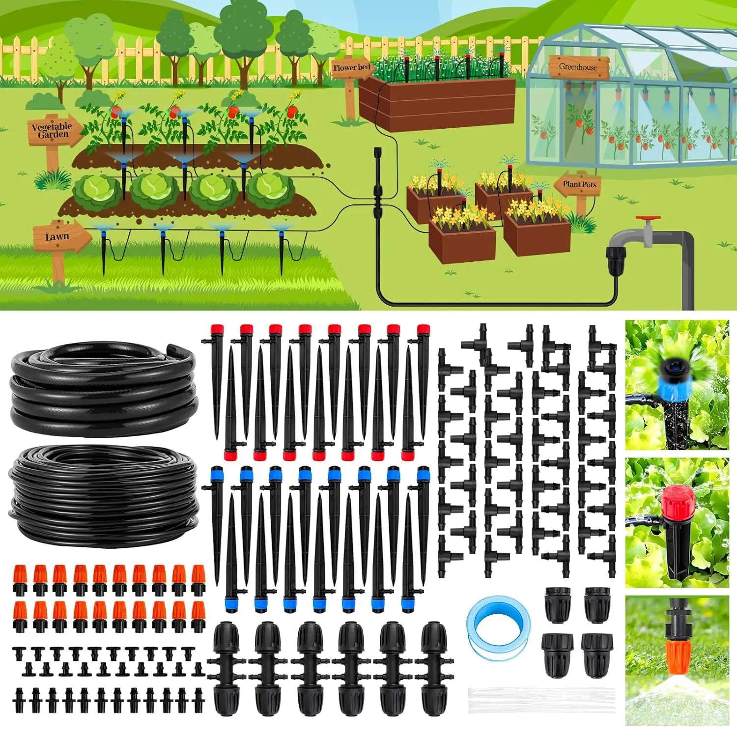 

240FT Drip Irrigation System,Automatic Drip Irrigation Kit with 1/2 inch Hose 1/4 inch Distribution Tubing and Accessories