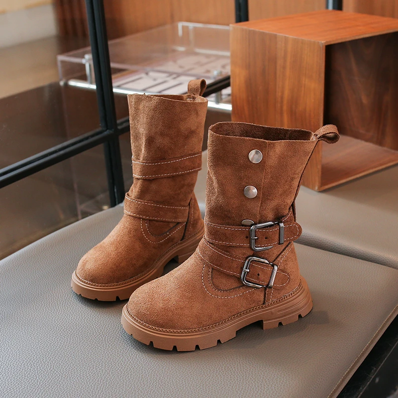 Toddler Girls Fold Over Ankle Boots, Metal Buckle Strap, Rivet Buttons, Non Slip Thick Sole for Autumn Daily Outdoor Wear