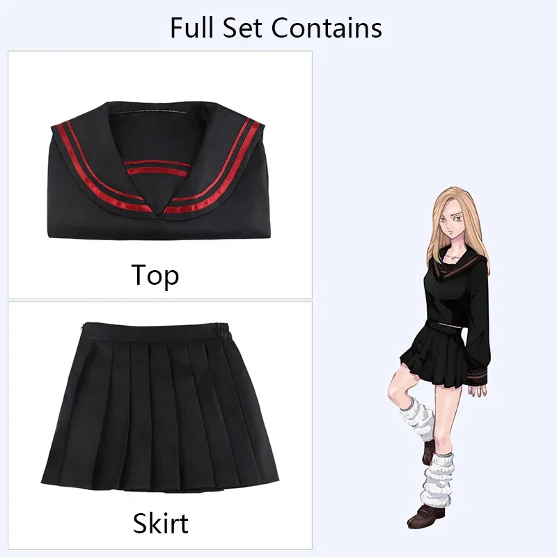 Costume Cosplay Anime Yuzuha Shiba Tokyo pour filles, robe de marin noire, ensemble haut et jupe, longue perruque, fête
