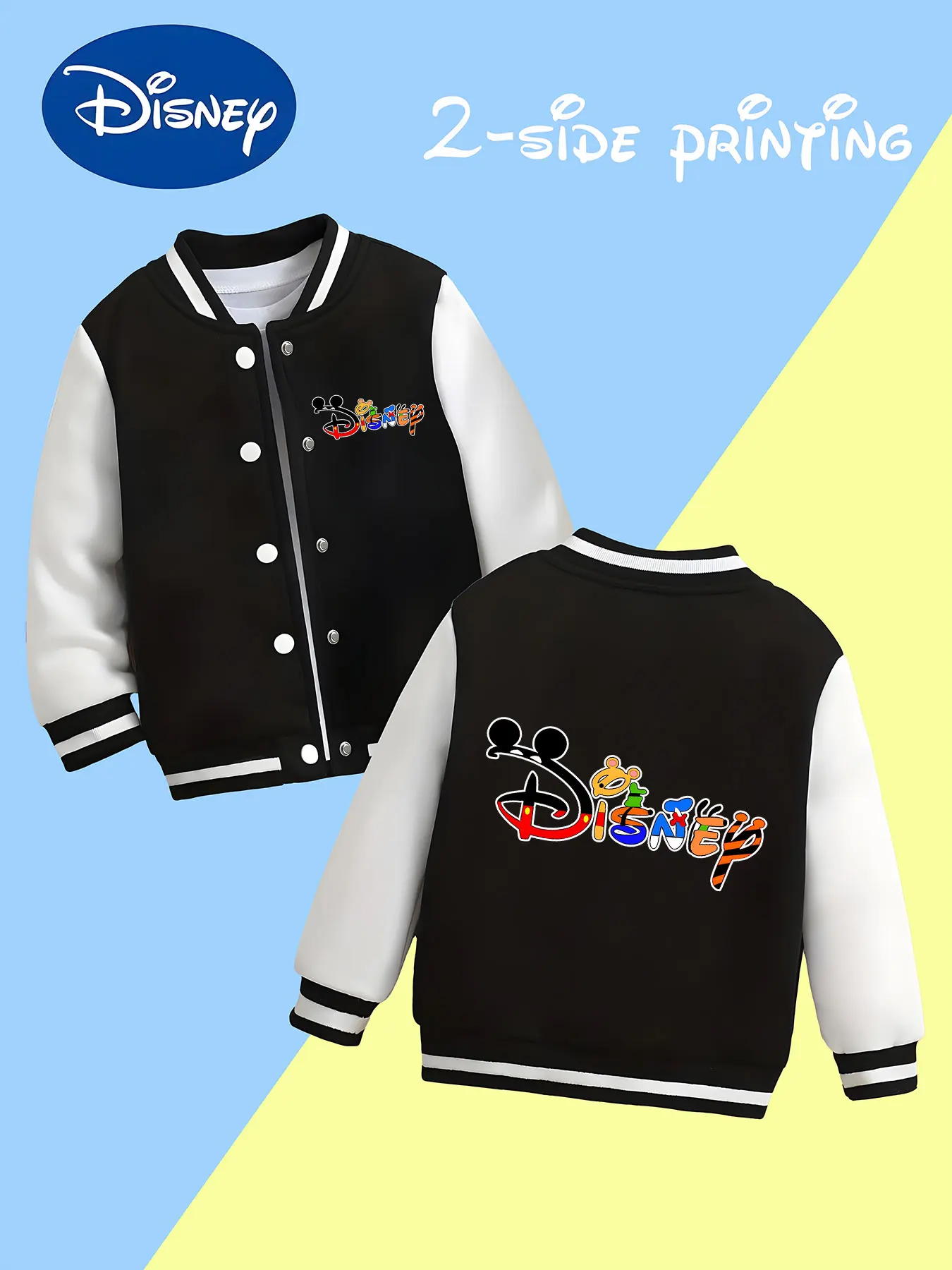 

MINISO Disney Colorful Mickey Boys Baseball Jacket-Mickey Letter Print, Double-Sided Design, Trendy, Perfect for Everyday School
