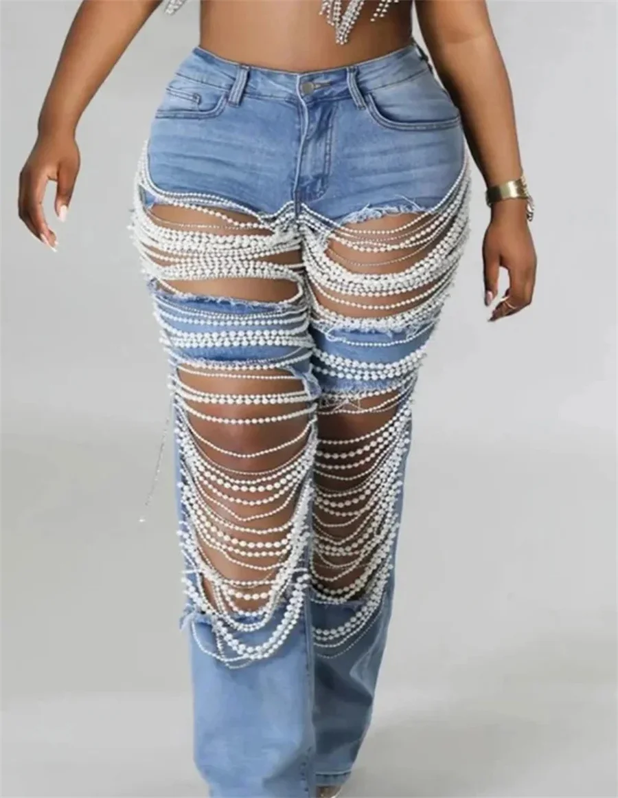 Women's Destroyed Ripped Hole Denim Jeans Rhinestones Chain Slim Fit Skinny Pants Y2K Night Club Party Hollow Out Lady Trousers