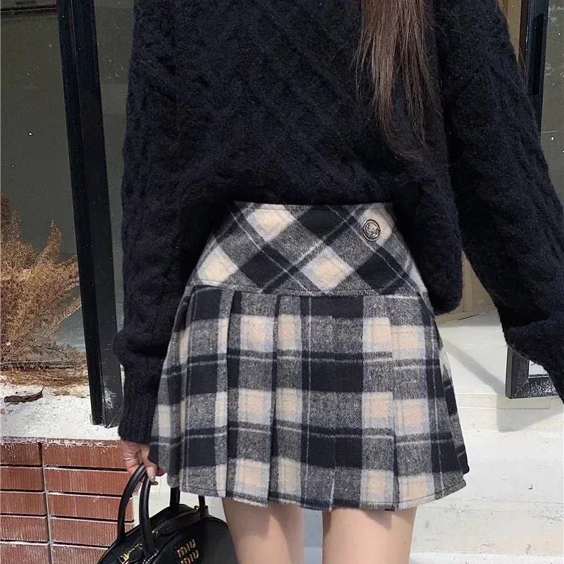 Deeptown Plaid Wool Skirt Vintage Kawaii Sweet Korean Fashion Mini Skirts Preppy Style Cute Autumn Winter Patchwork Short Skirts