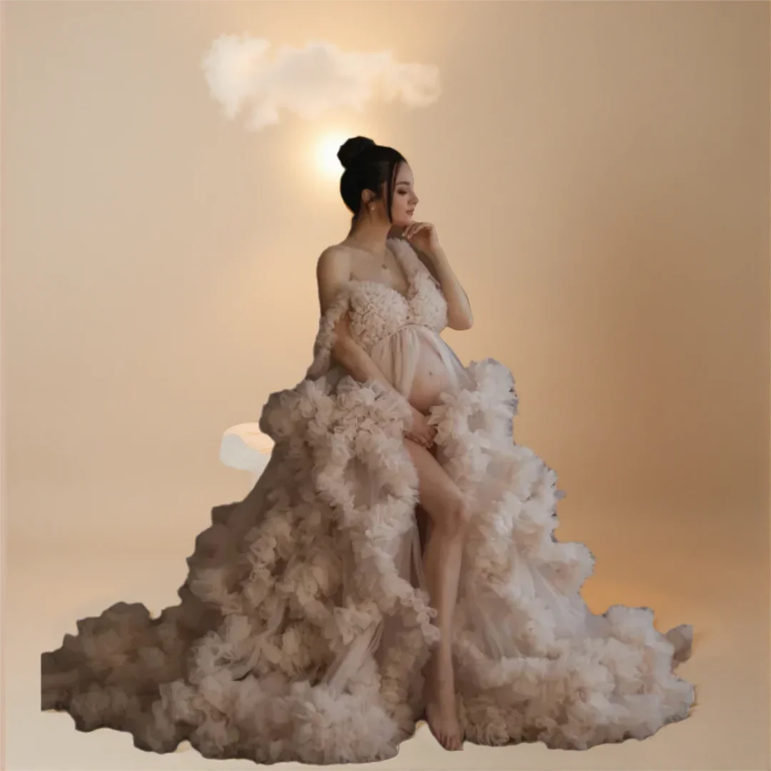 

Maternity Dresses for Ruffles Tulle Pregnant Photo Gowns Baby Shower Off Shoulder Front Slit Bridal Sleepwear Robe