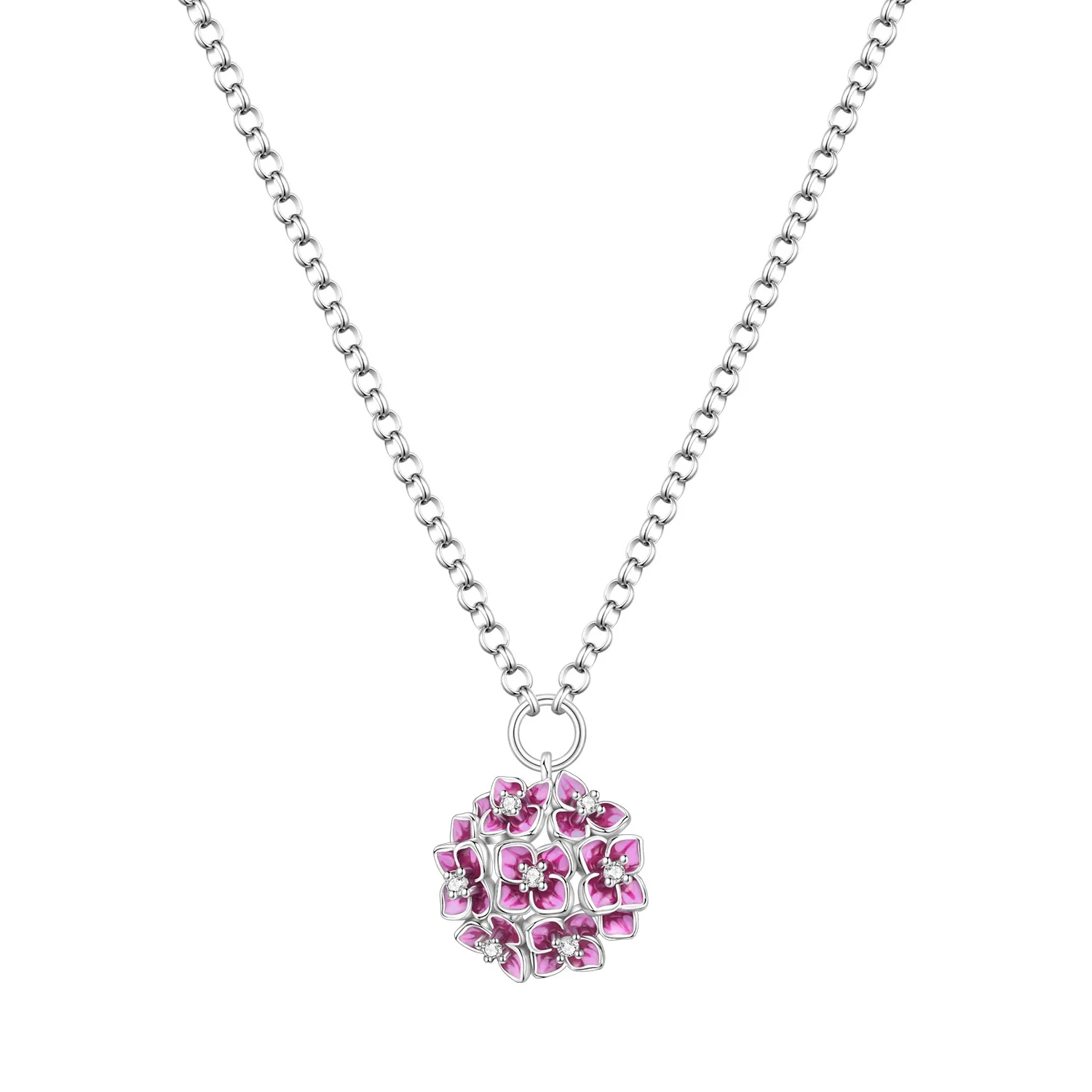 Orstarry 925 Sterling Silver Pink Purple Hydrangea Flowers Necklace Pendant Necklace for Women Birthday Gifts Fashion Jewelry