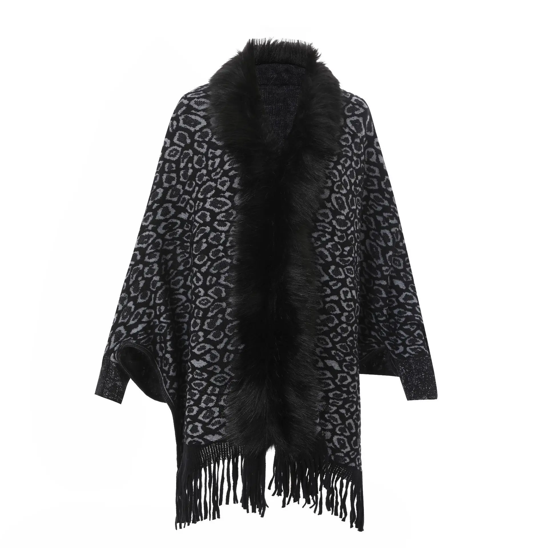 Cardigan con nappe da donna cappotto caldo a punto aperto maniche lunghe scialle leopardato Vintage Oversize inverno Faux Fox Fur Poncho Cape