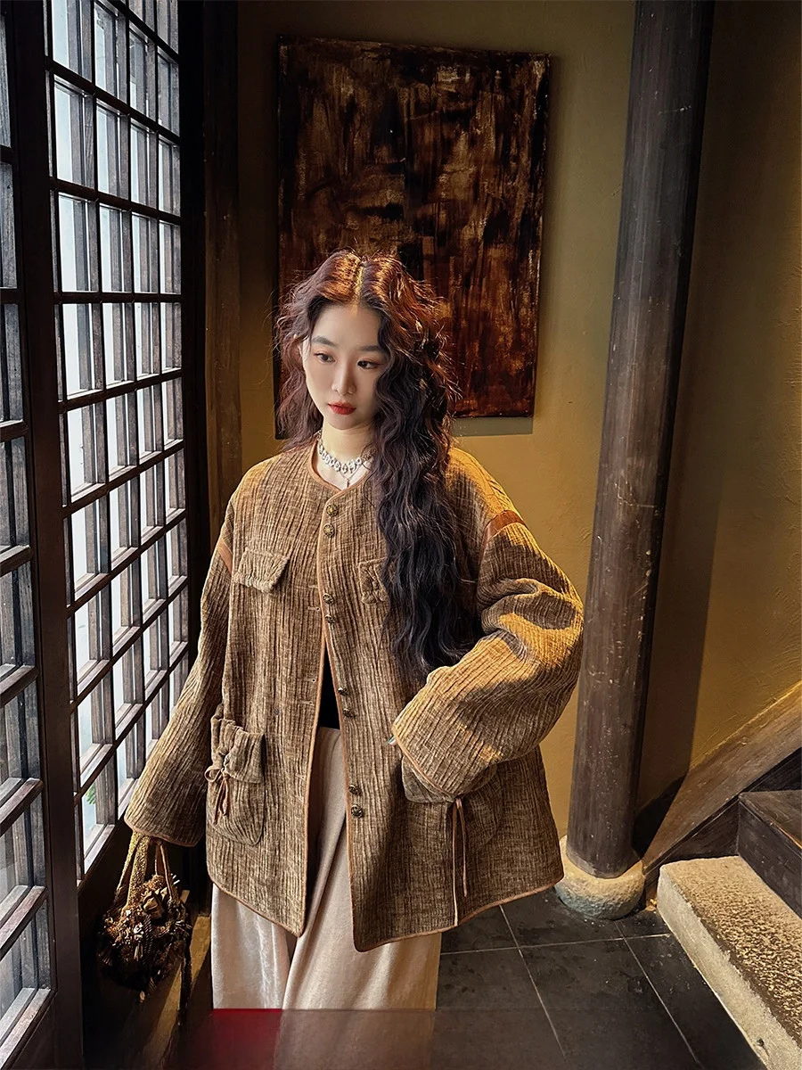 

Sanji Bla Flower 2024 Зимняя новинка: женская хлопковая верхняя одежда с круглым вырезом, в корейском стиле, для повседневной носки, свободного кроя