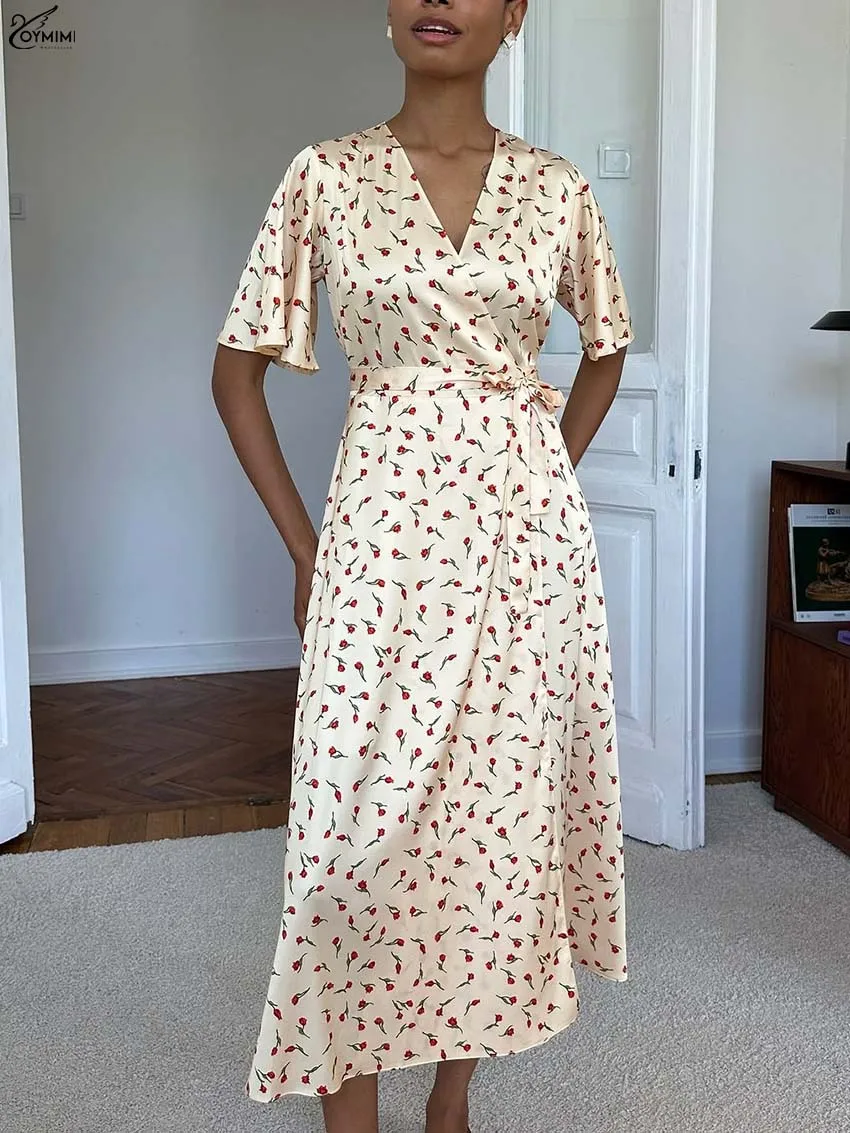 Oymimi 秋イエロープリントレディースドレスファッション V ネック半袖レースアップドレスエレガントなサテンストレートミッドカーフドレス